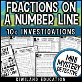Fractions on a number line worksheets for 3rd grade math, ten no prep train detective cases