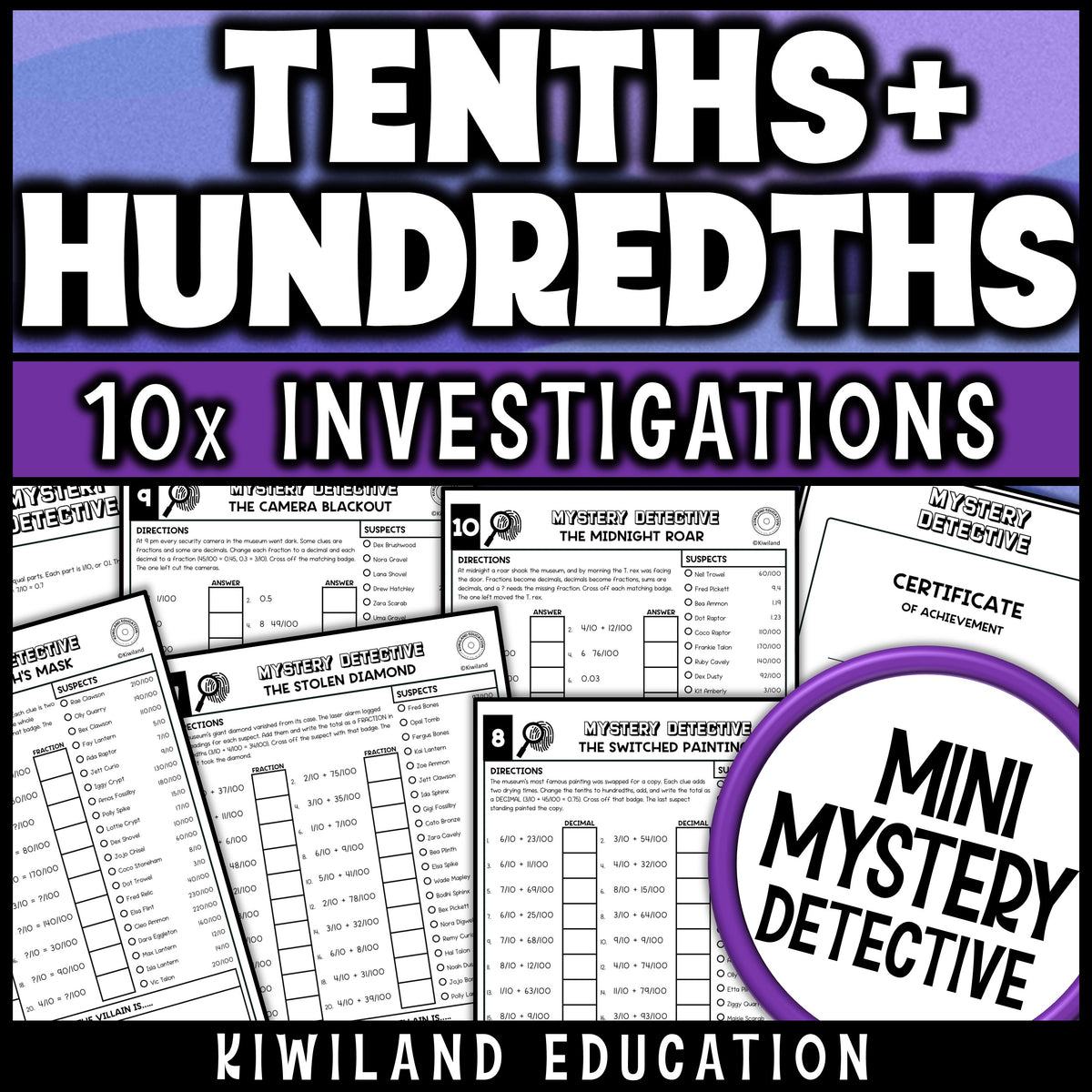 Fractions to decimals and decimals to fractions practice pages, including equivalent tenths and hundredths and adding tenths and hundredths, with a certificate of achievement