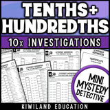 Fractions to decimals and decimals to fractions practice pages, including equivalent tenths and hundredths and adding tenths and hundredths, with a certificate of achievement