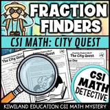 Fraction word problem clue worksheet pages - City Quest CSI math mystery