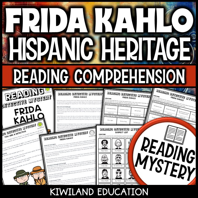 Frida Kahlo reading mystery comprehension activity cover for grades 3-6