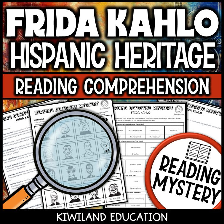 Frida Kahlo reading mystery comprehension questions worksheet with suspect line-up