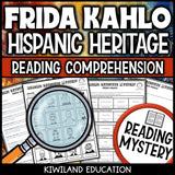 Frida Kahlo reading mystery comprehension questions worksheet with suspect line-up