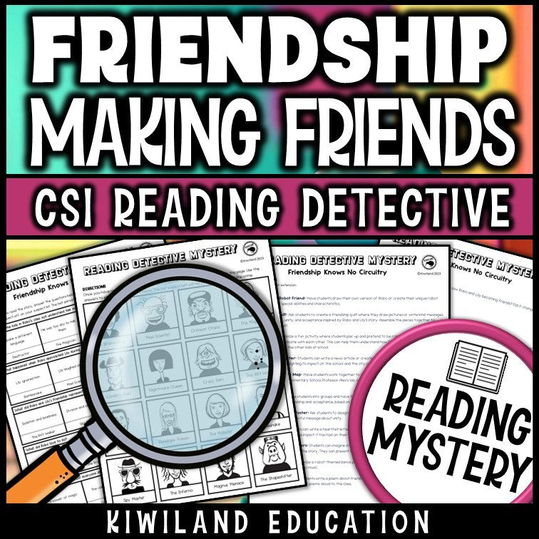 Friendship reading mystery comprehension questions worksheet with suspect line-up