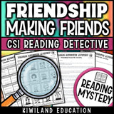 Friendship reading mystery comprehension questions worksheet with suspect line-up