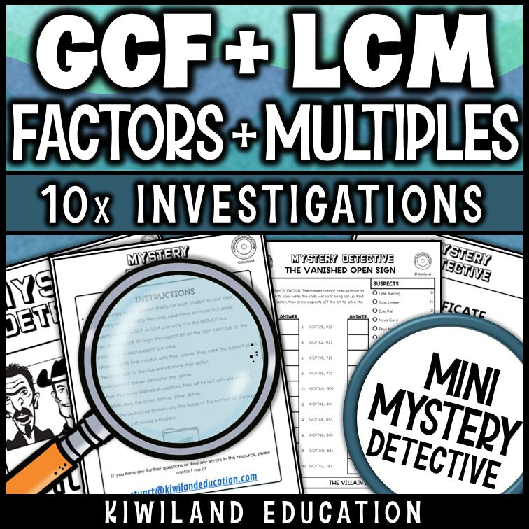 GCF and LCM printable detective worksheets instructions reference page math centers