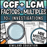 GCF and LCM printable detective worksheets instructions reference page math centers