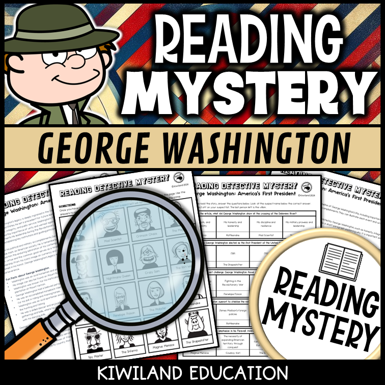 George Washington reading mystery comprehension questions worksheet with suspect line-up