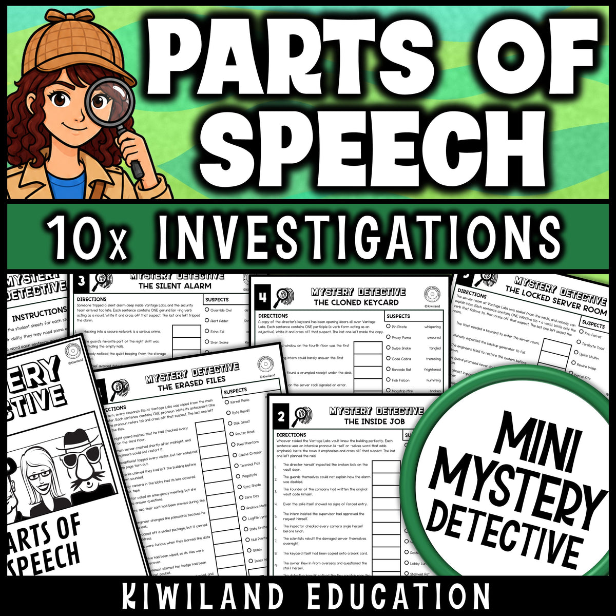 Gerunds, participles and infinitives grammar worksheets for middle school, ten no prep detective cases on verbals with answer keys