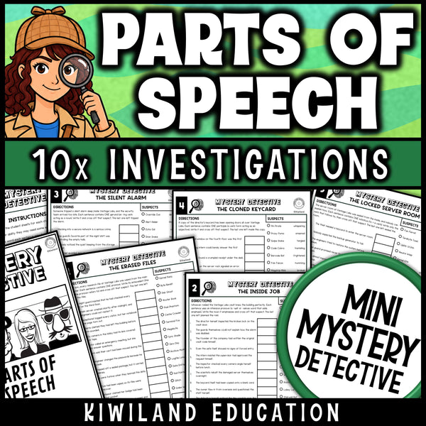 Gerunds, participles and infinitives grammar worksheets for middle school, ten no prep detective cases on verbals with answer keys