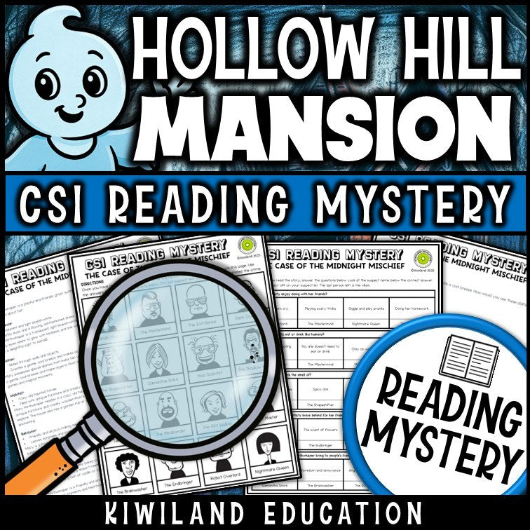 Ghosts fiction reading mystery comprehension questions worksheet with suspect line-up