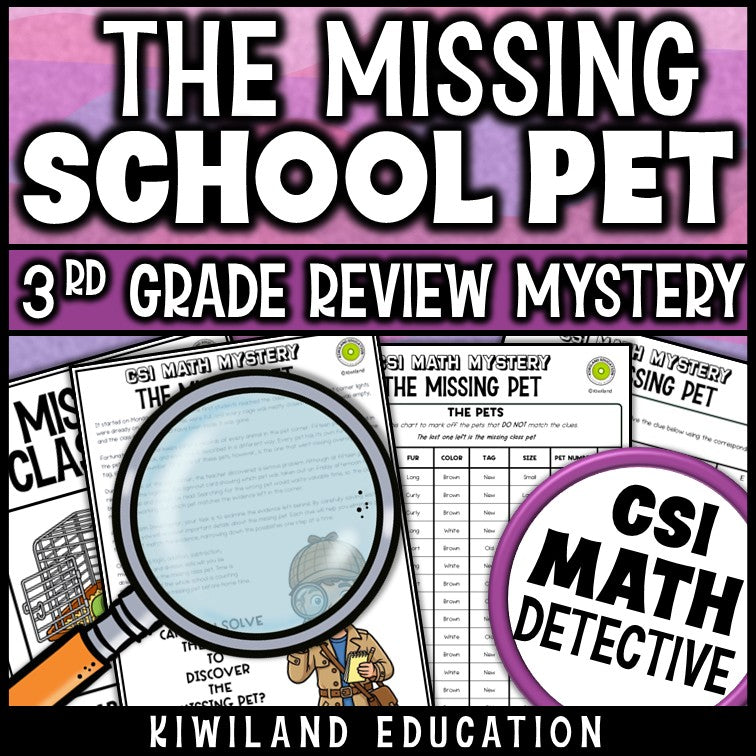 Grade 3 multiplication and division facts and rounding math detective worksheets with suspect chart