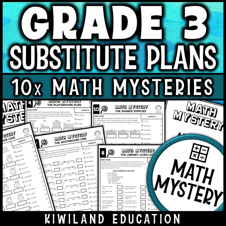 Grade 3 substitute teacher math worksheets covering telling time, area, perimeter and graphs