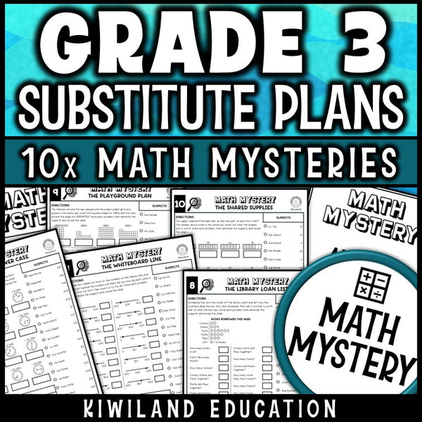 Grade 3 substitute teacher math worksheets covering telling time, area, perimeter and graphs