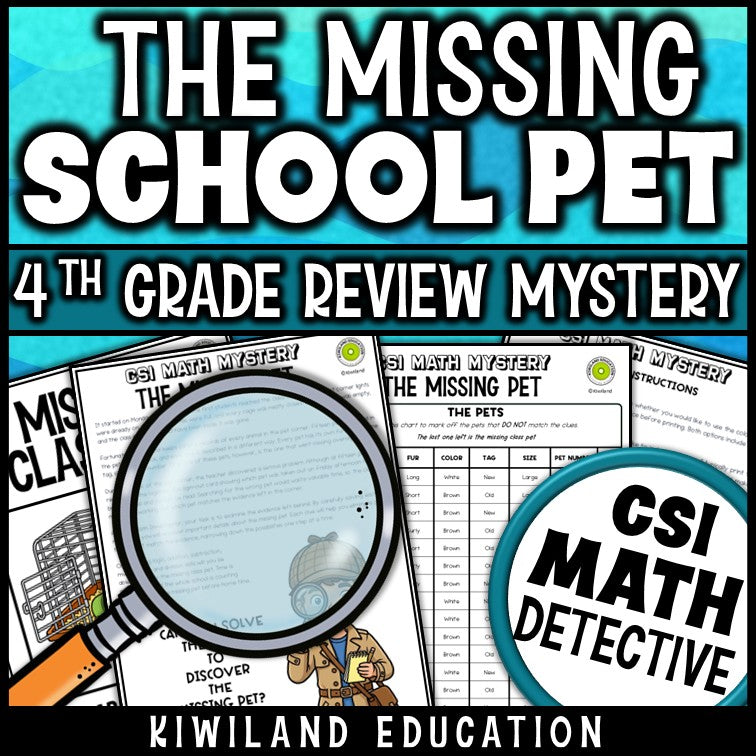 Grade 4 math review mystery worksheets, no-prep printable print-and-go detective activity