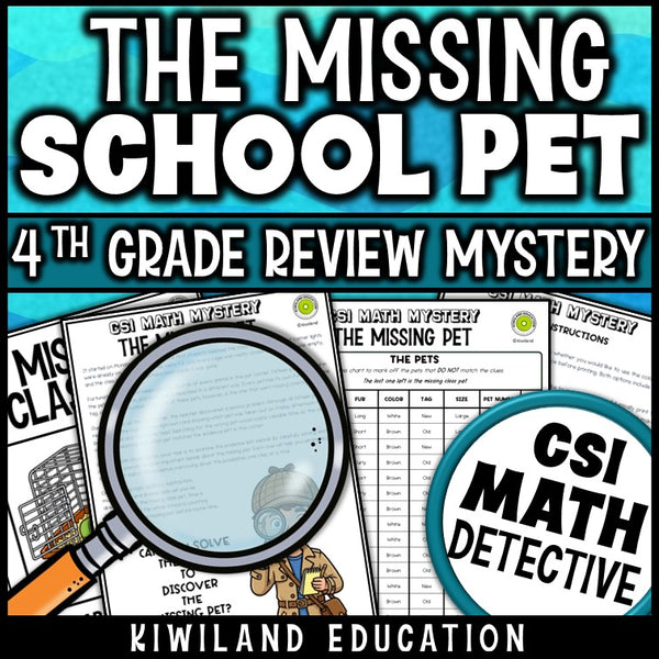 Grade 4 math review mystery worksheets, no-prep printable print-and-go detective activity