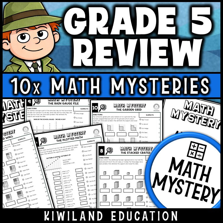Grade 5 math spiral review, no prep detective worksheets for 5th and 6th grade