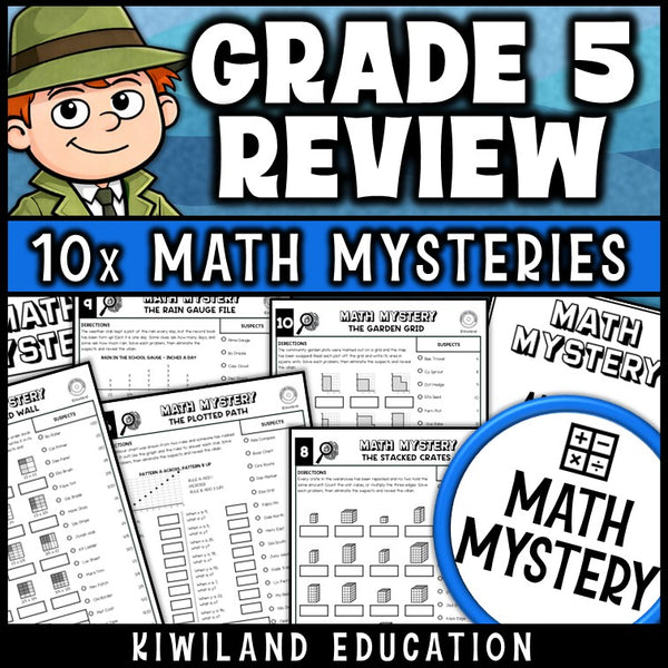 Grade 5 math spiral review, no prep detective worksheets for 5th and 6th grade