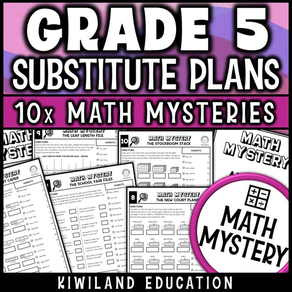 Grade 5 substitute plans covering fractions, volume, line plots, area and perimeter, no prep