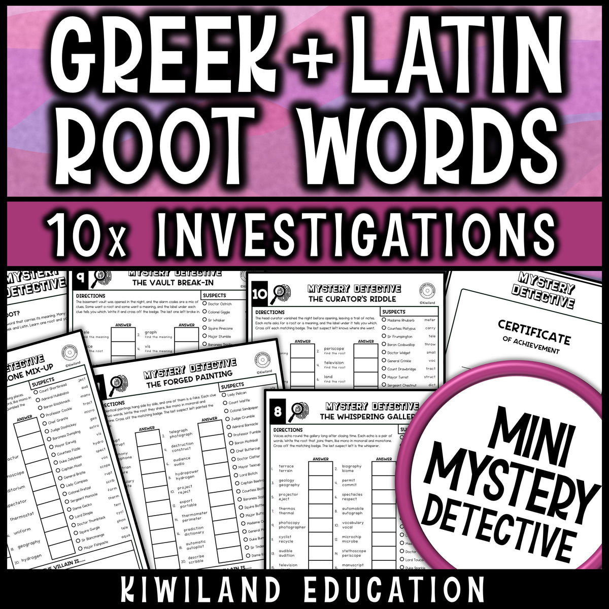 Greek and Latin root words worksheets where students match each root and meaning to a suspect, with a root chart support page