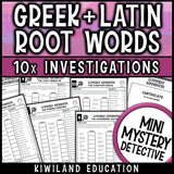 Greek and Latin root words worksheets where students match each root and meaning to a suspect, with a root chart support page