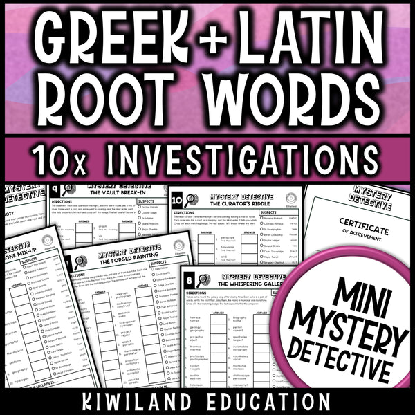 Greek and Latin root words worksheets where students match each root and meaning to a suspect, with a root chart support page