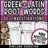 Greek and Latin roots activities for 4th and 5th grade, ten no prep museum detective cases with morphology worksheets and answer keys