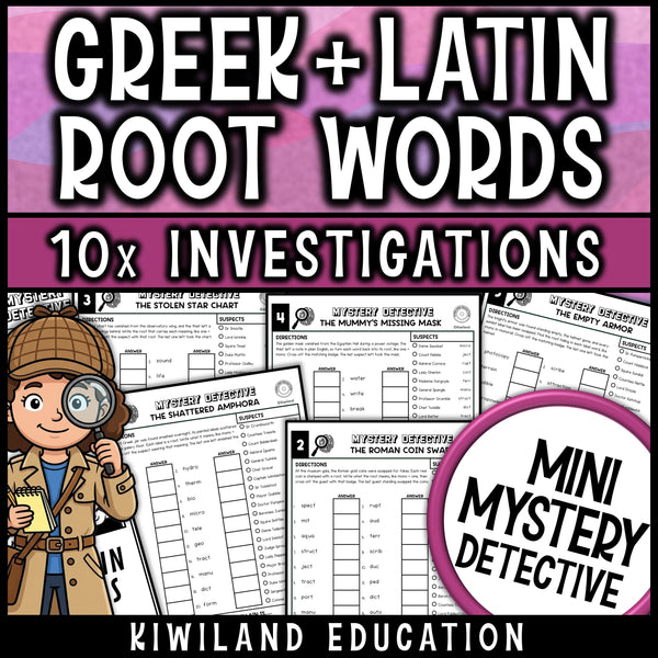 Greek and Latin roots activities for 4th and 5th grade, ten no prep museum detective cases with morphology worksheets and answer keys
