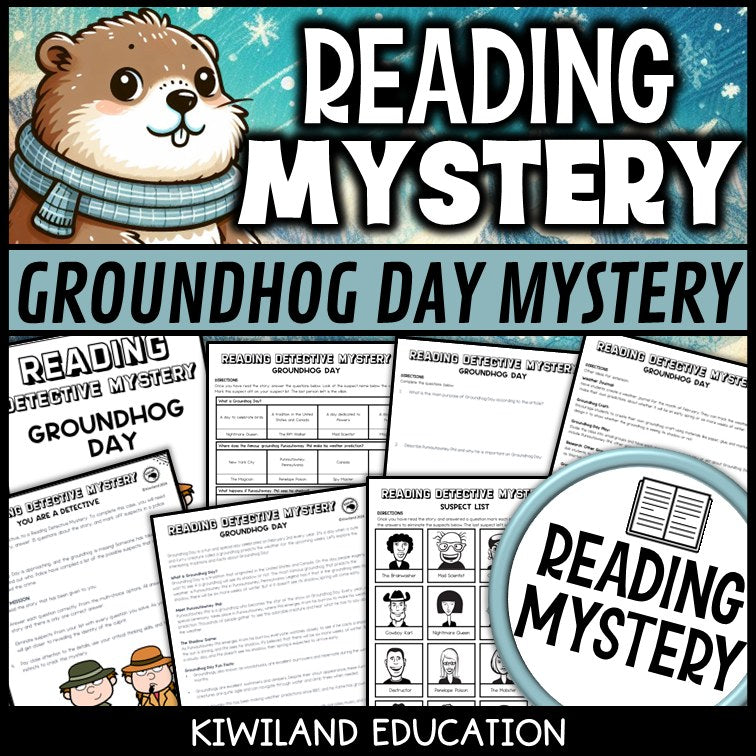 Groundhog Day reading mystery comprehension activity cover for grades 3-6