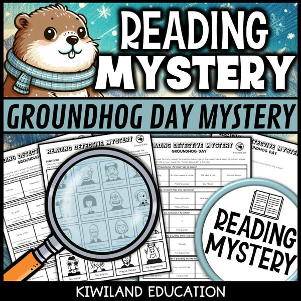 Groundhog Day reading mystery comprehension questions worksheet with suspect line-up