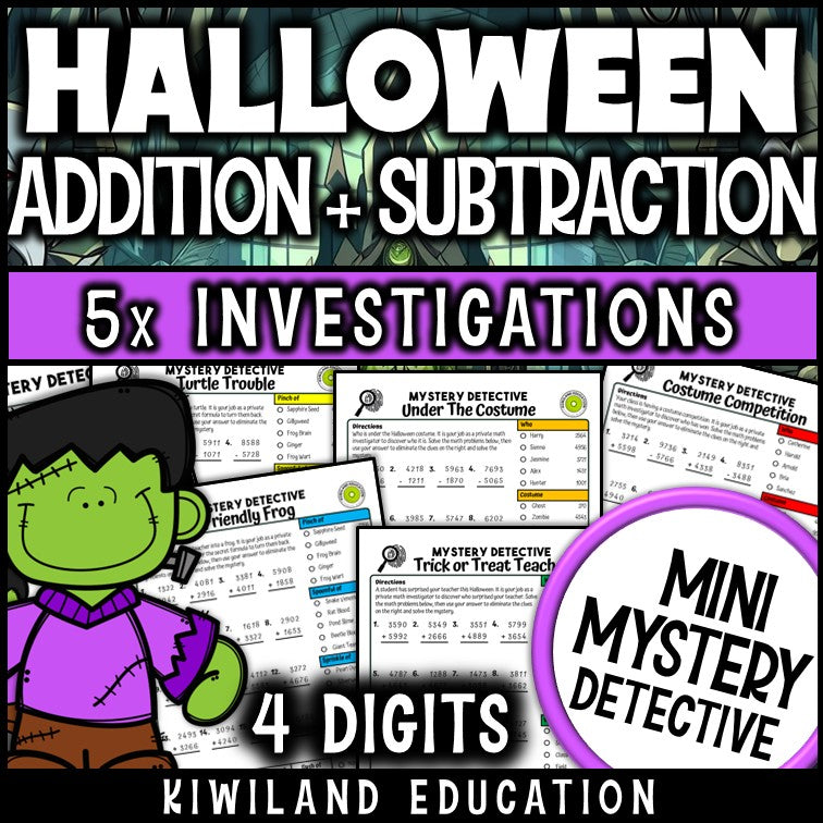 Halloween 4-digit addition and subtraction worksheets 3rd 4th grade