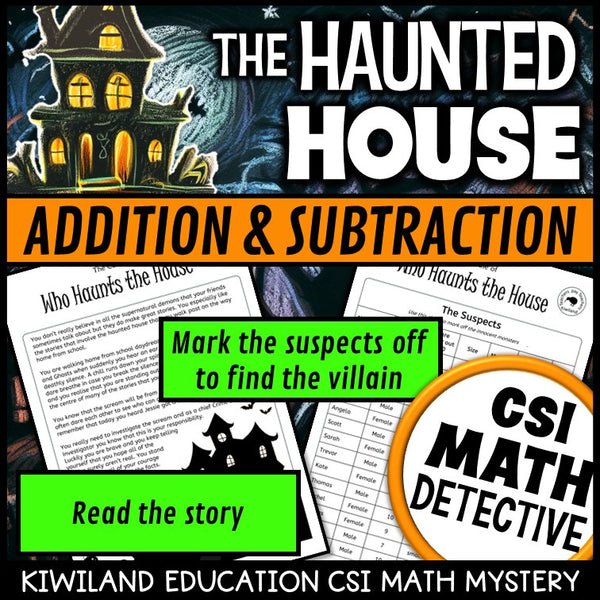 Halloween addition and subtraction clue worksheet pages - The Haunted House math mystery