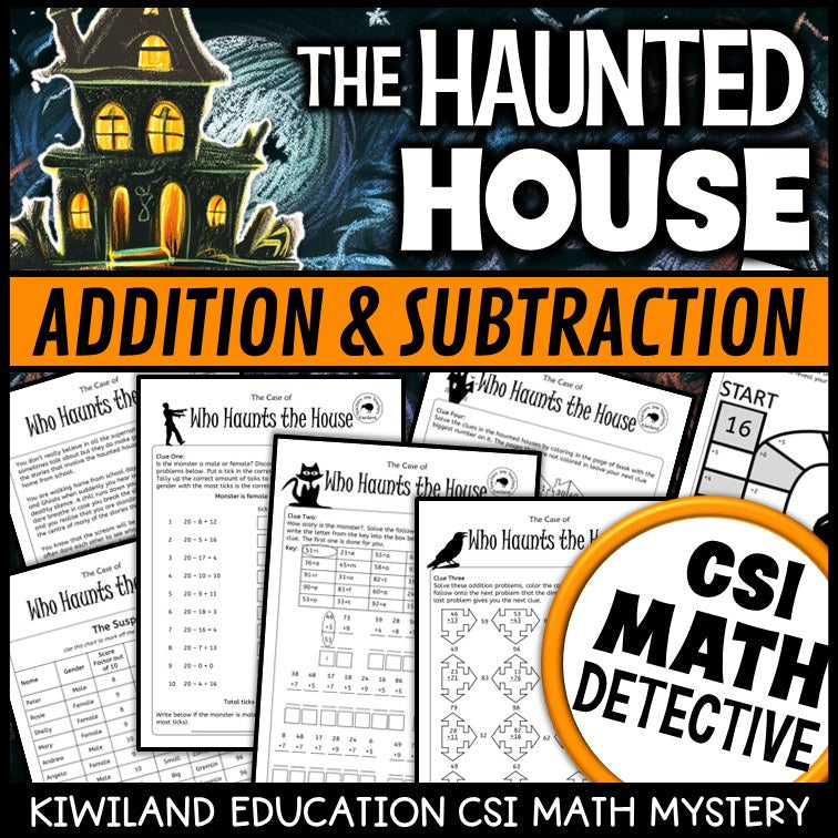 Halloween addition and subtraction within 100 CSI Math Mystery cover - The Haunted House, Grades 1-3