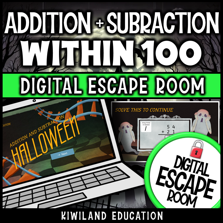 Halloween addition and subtraction within 100 digital escape room cover, math grades 1–3