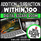 Halloween addition and subtraction within 100 digital escape room cover, math grades 1–3