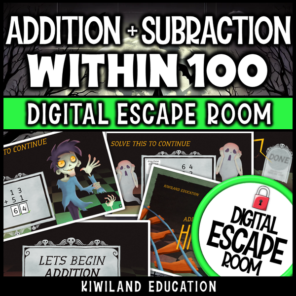 Halloween addition and subtraction escape room puzzle screen