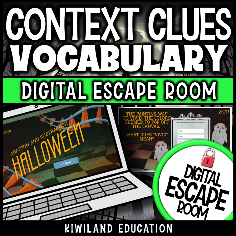Halloween context clues digital escape room cover, ELA grades 4–7