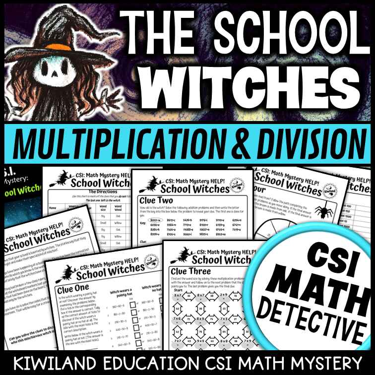 Halloween multiplication and division CSI math mystery worksheets for 4th 5th and 6th grade – School Witch case cover