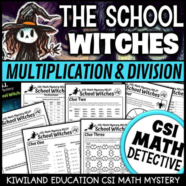 Halloween multiplication and division CSI math mystery worksheets for 4th 5th and 6th grade – School Witch case cover