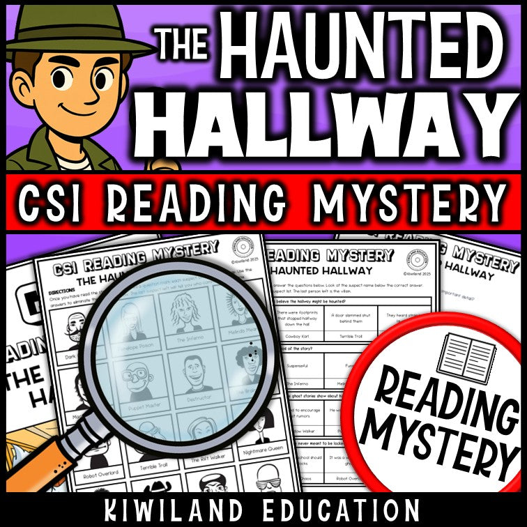 Halloween reading mystery comprehension questions worksheet with suspect line-up
