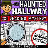 Halloween reading mystery comprehension questions worksheet with suspect line-up