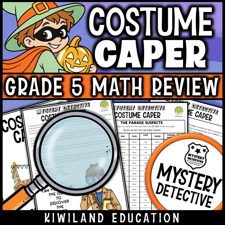 Halloween math detective story and suspect chart costume parade 5th grade