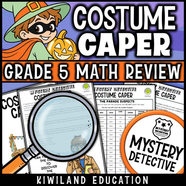 Halloween math detective story and suspect chart costume parade 5th grade