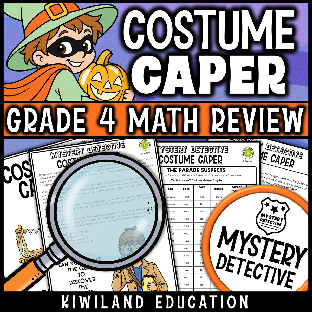 Halloween math detective story and suspect chart costume parade printable