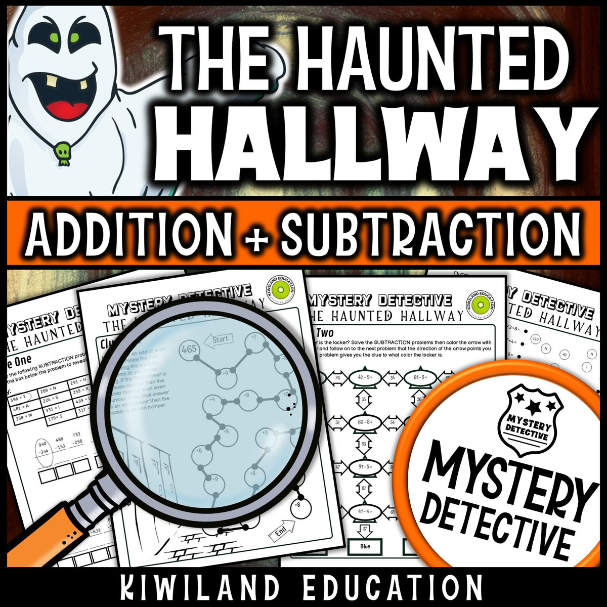 Halloween math worksheets 3-digit addition subtraction no-prep
