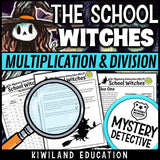 Halloween multiplication division clue pages school witches