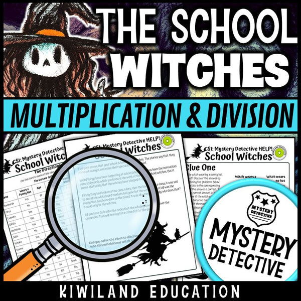 Halloween multiplication division clue pages school witches