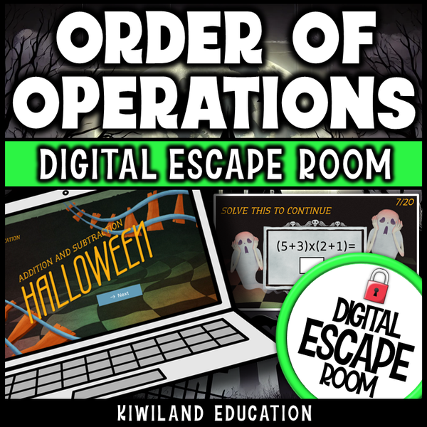 Halloween order of operations digital escape room cover, math grades 4–8