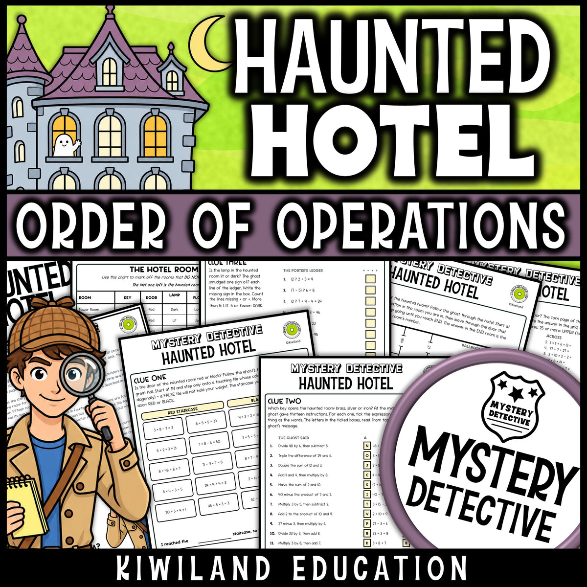 Halloween order of operations worksheets 5th grade CSI mystery haunted hotel