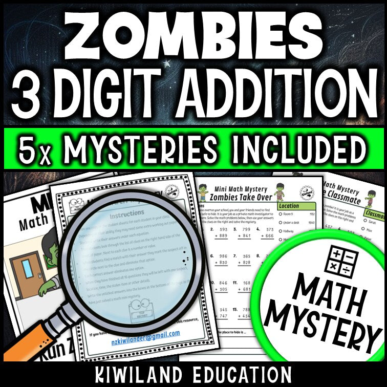 Halloween zombie 3-digit addition math mystery worksheet sample page